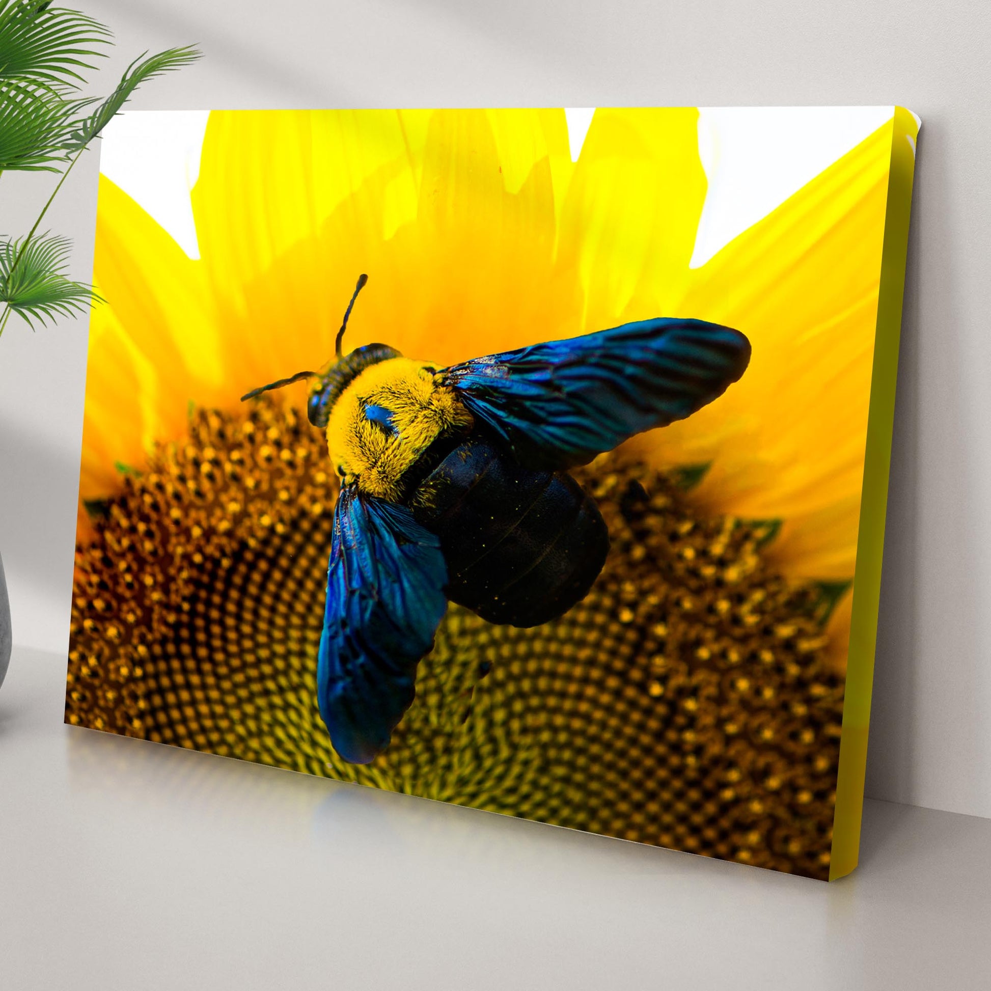 Bee hoverfly above a sunflower on bright yellow canvas wall art on Tampa Home & Garden Store