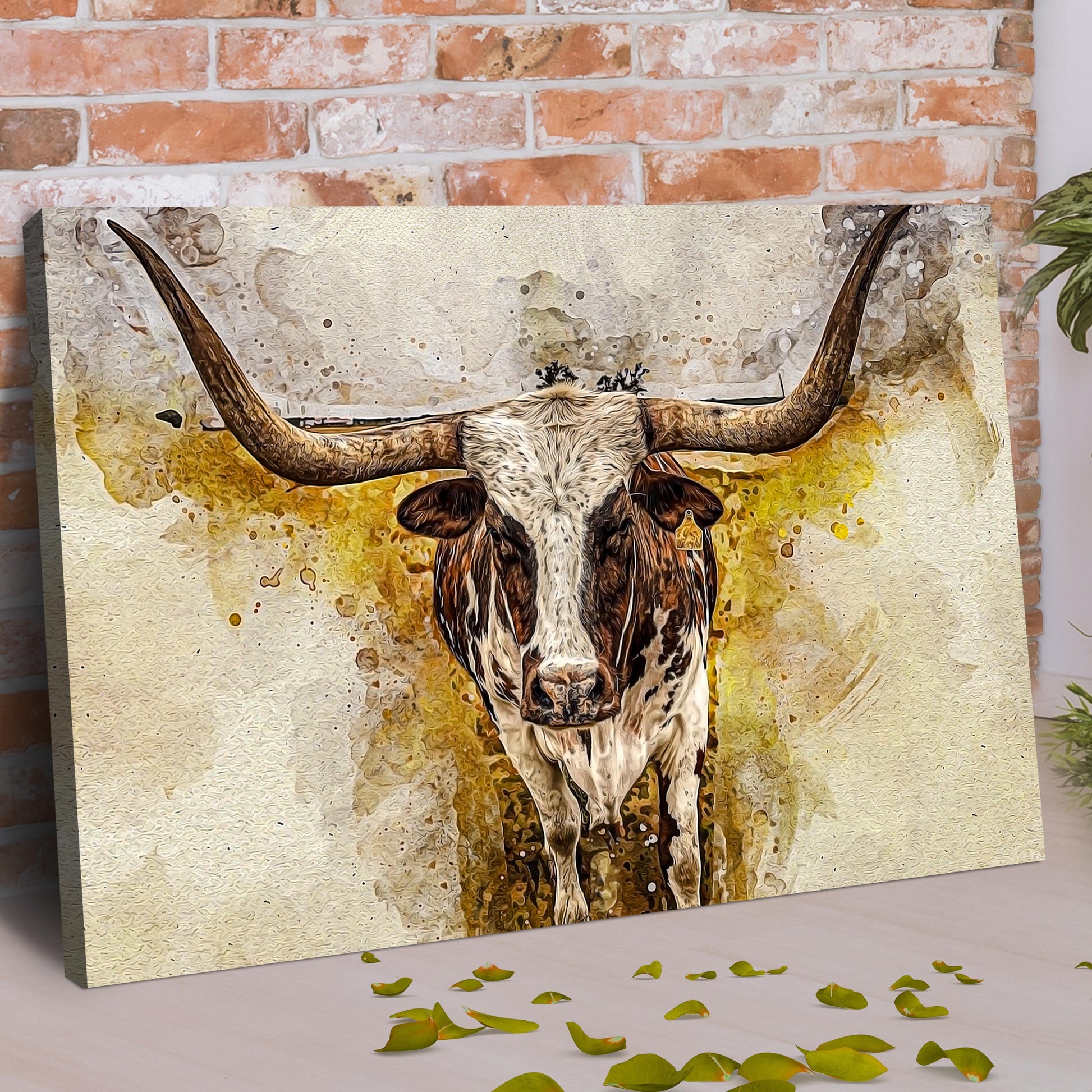 Texas Longhorn watercolor canvas wall art by Tailored Canvases, longhorn skull motif on Tampa Home & Garden Store