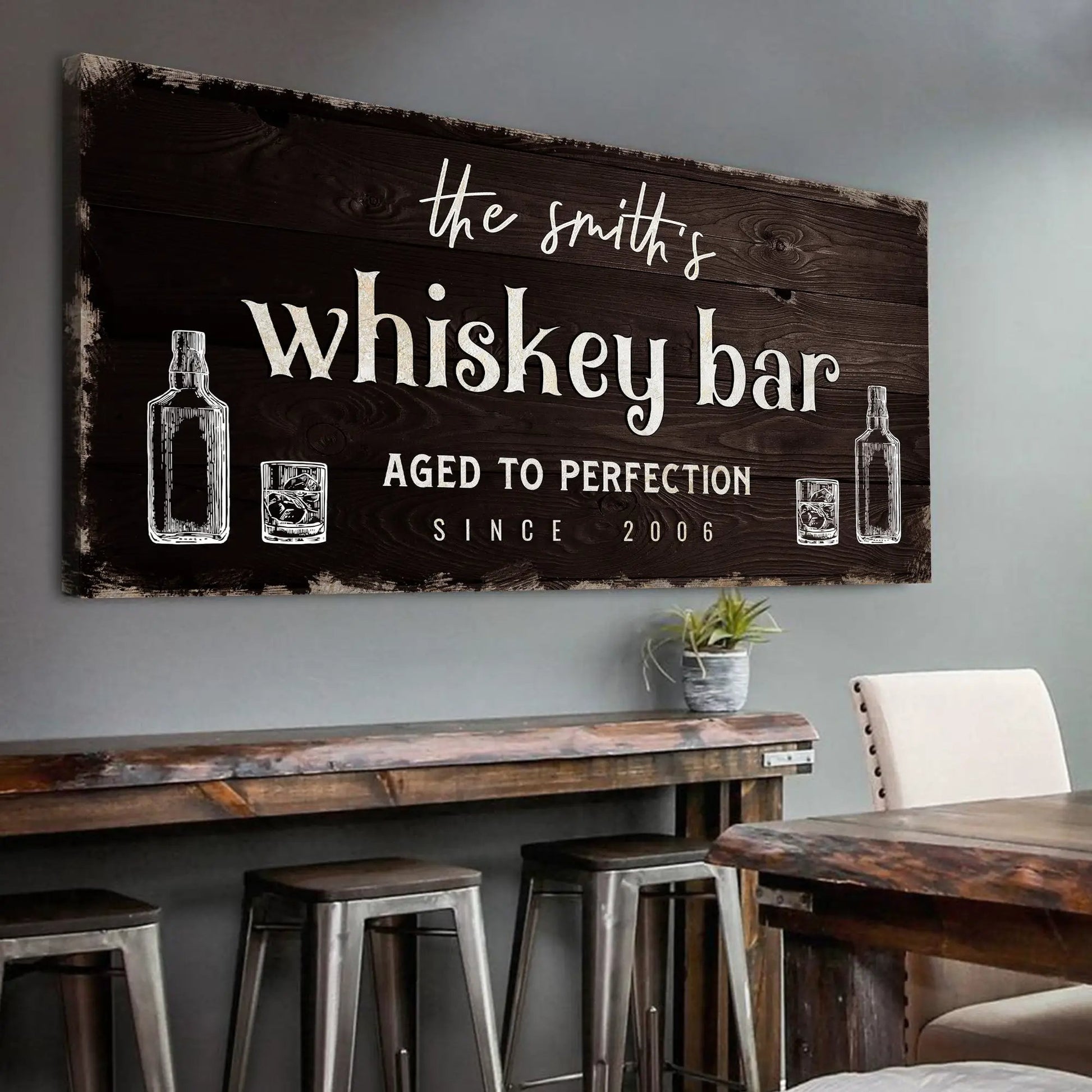 Whiskey Bar Sign canvas with dark stained wood plank and white typography on Tampa Home & Garden Store