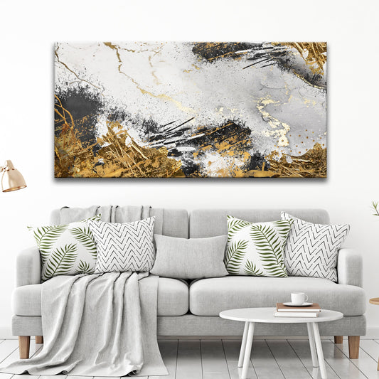 Sky Gold Abstract Painting Canvas Wall Art by Tailored Canvases; metallic gold, white and gray abstract splashes on Tampa Home & Garden Store