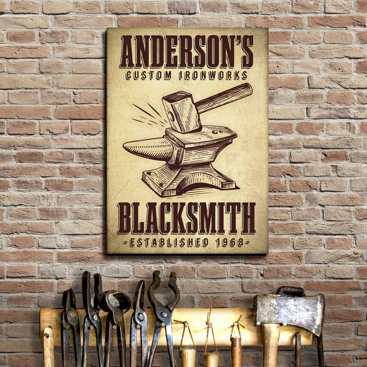 Canvas sign Anderson's Custom Ironworks Blacksmith Sign with hammer on Tampa Home & Garden Store
