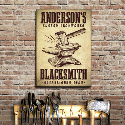 Canvas sign Anderson's Custom Ironworks Blacksmith Sign with hammer on Tampa Home & Garden Store