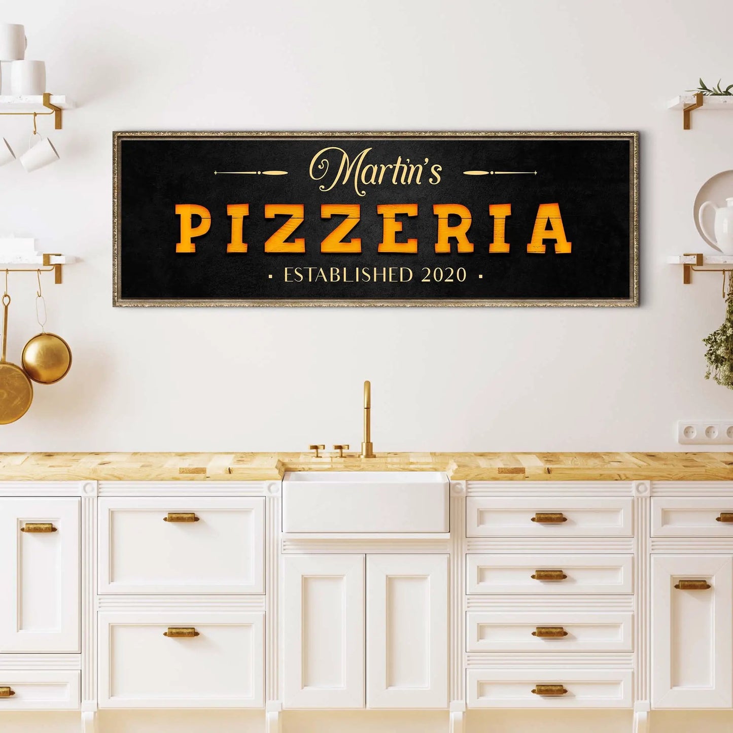 Wood pizzeria sign canvas with chalkboard backdrop orange PIZZERIA letters and frame on Tampa Home & Garden Store