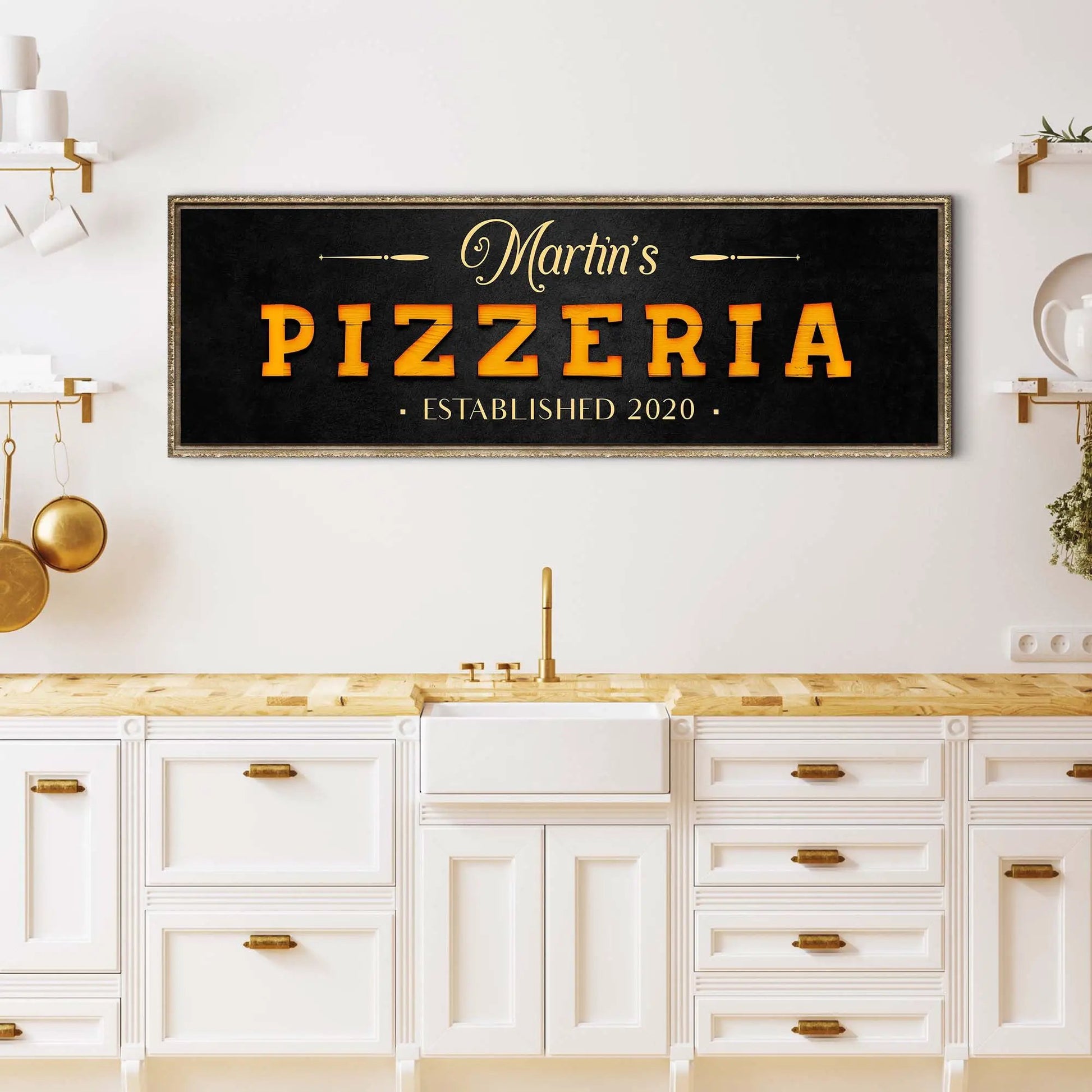 Wood pizzeria sign canvas with chalkboard backdrop orange PIZZERIA letters and frame on Tampa Home & Garden Store
