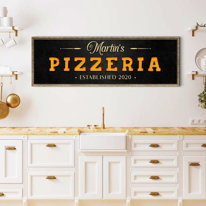 Wood pizzeria sign canvas with chalkboard backdrop orange PIZZERIA letters and frame on Tampa Home & Garden Store