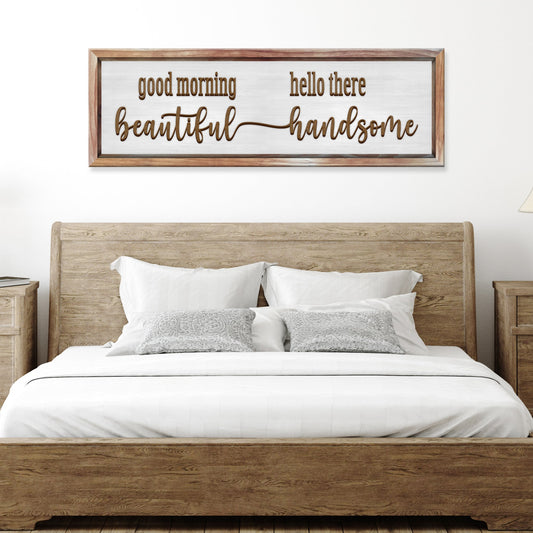 Canvas sign Good Morning handsome with brown script lettering and wood frame on Tampa Home & Garden Store