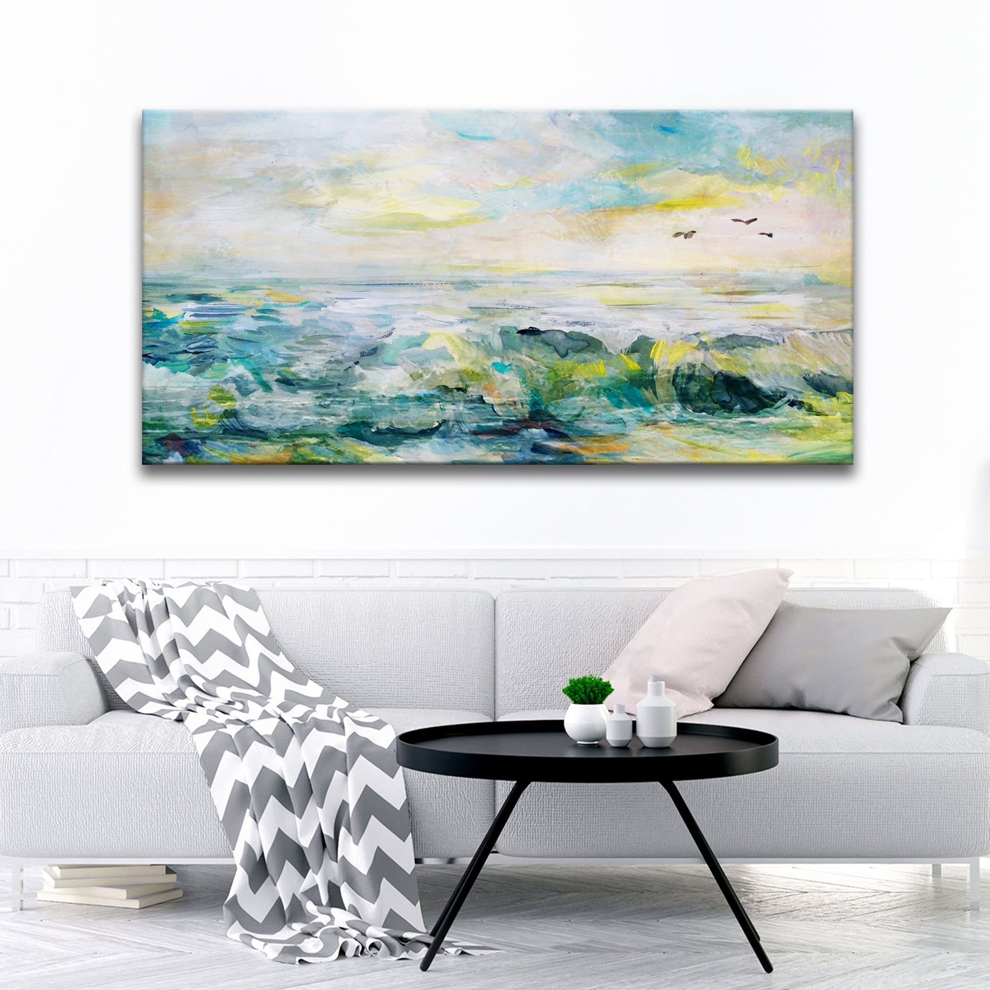Rocks, Sea, And Sky canvas wall art by Tailored Canvases in coastal blues and yellows on Tampa Home & Garden Store