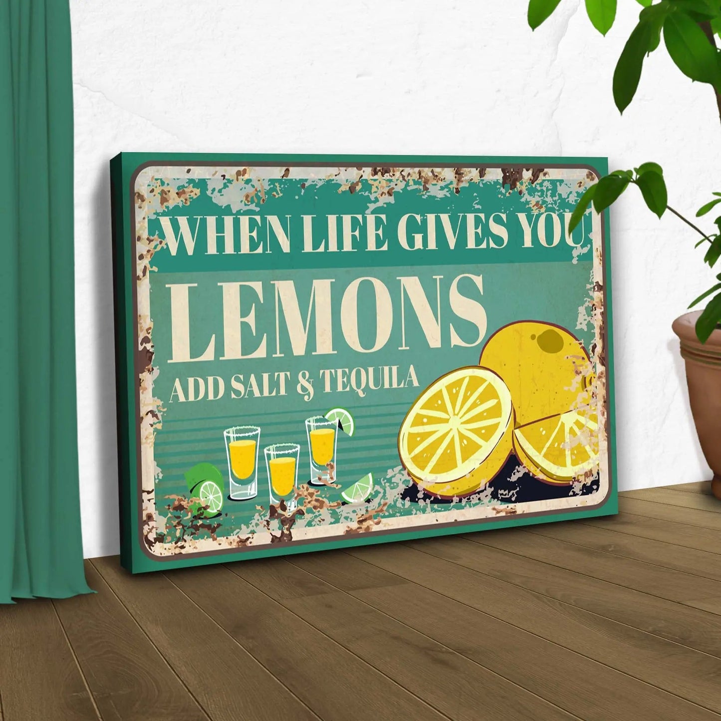 When Life Gives You Lemons rustic canvas sign by Tailored Canvases with teal lemons design on Tampa Home & Garden Store