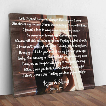 Wedding Song Sign canvas by Tailored Canvases with couple image and handwritten lyrics on wood on Tampa Home & Garden Store