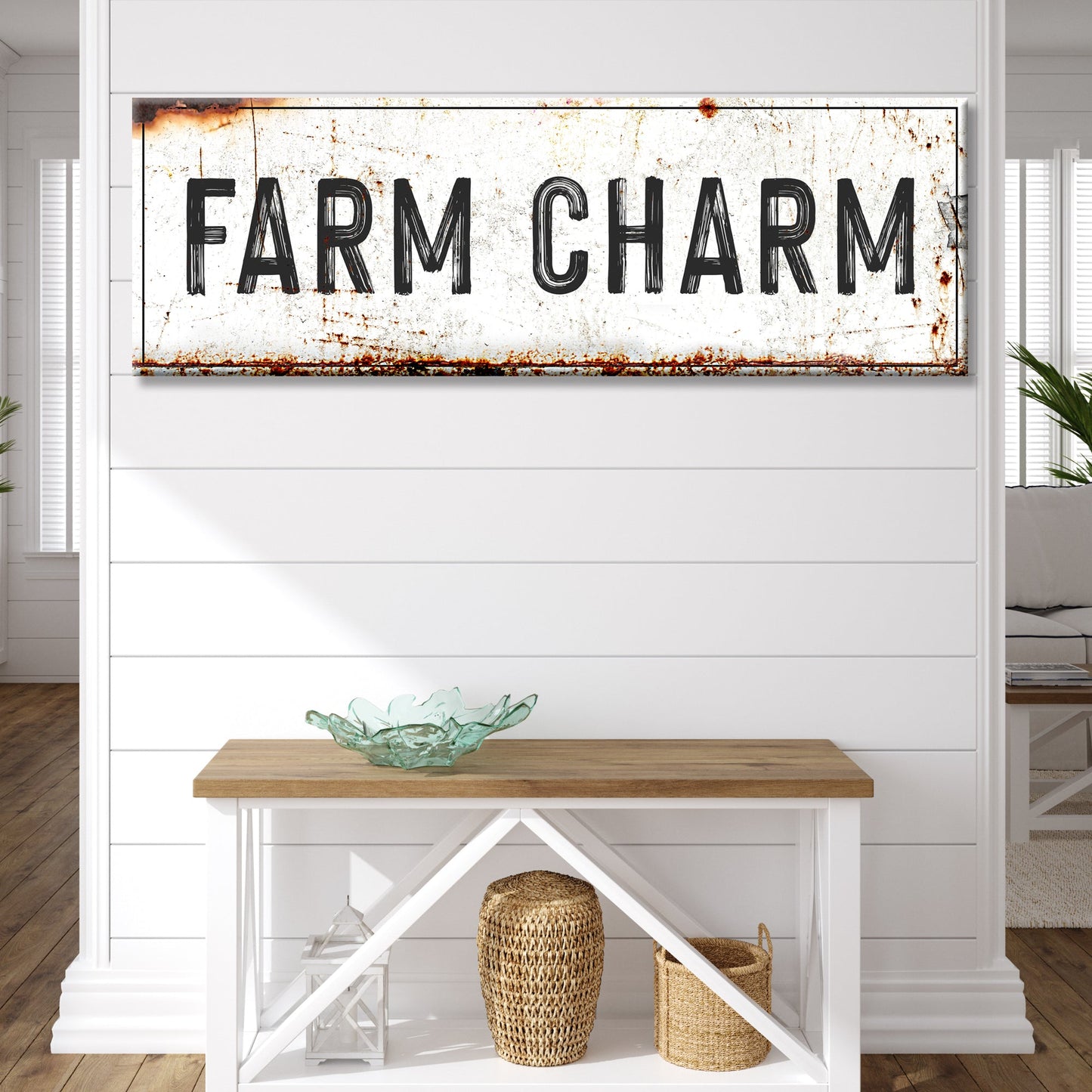 Farm Charm Sign canvas by Tailored Canvases with distressed rusted texture on Tampa Home & Garden Store
