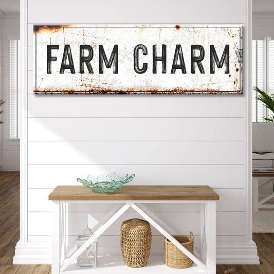 Farm Charm Sign canvas by Tailored Canvases with distressed rusted texture on Tampa Home & Garden Store