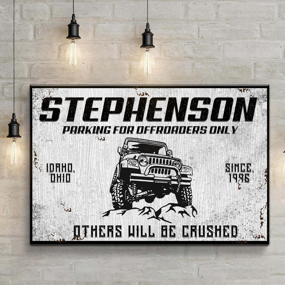 Canvas sign Parking For Offroaders Only Jeep graphic with white finish Tailored Canvases on Tampa Home & Garden Store