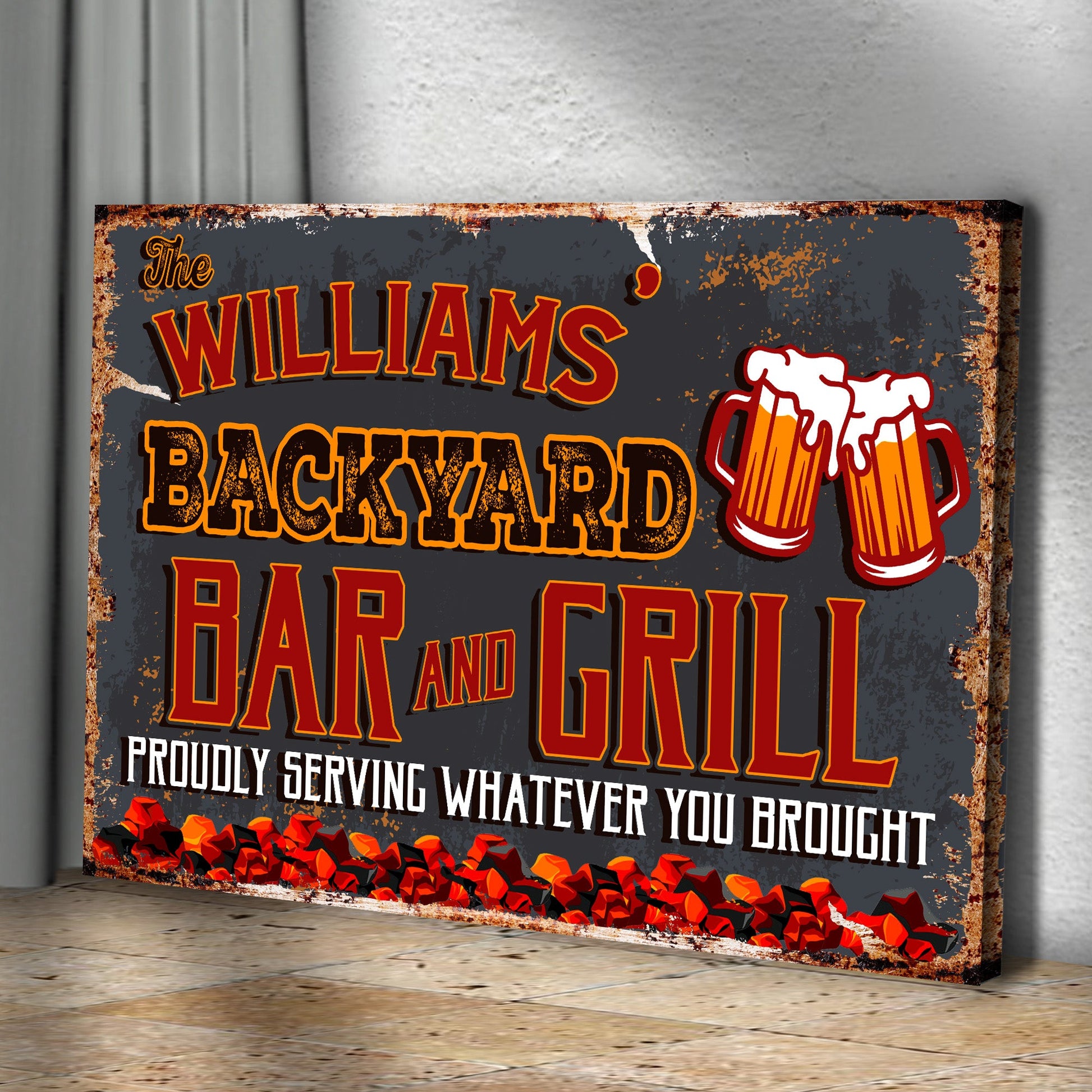 Backyard Bar And Grill Sign VII canvas with rustic edges and orange lettering Tailored Canvases on Tampa Home & Garden Store