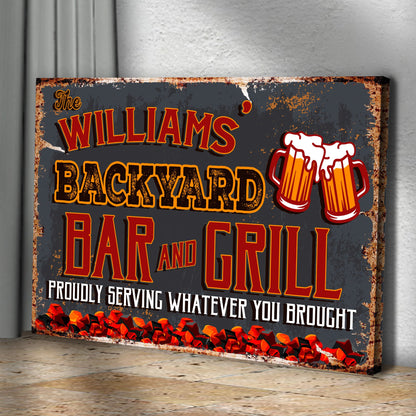 Backyard Bar And Grill Sign VII canvas with rustic edges and orange lettering Tailored Canvases on Tampa Home & Garden Store