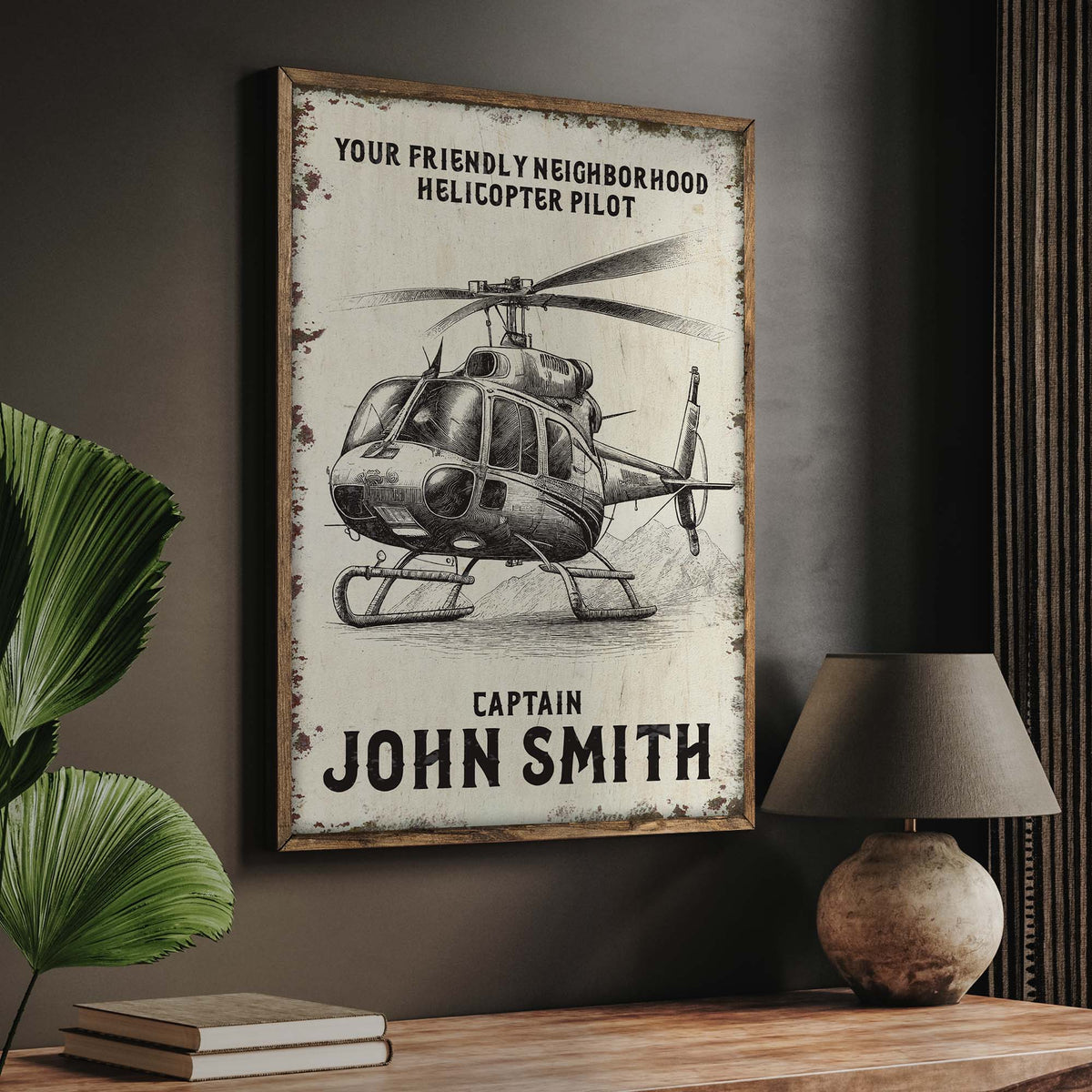 Helicopter Pilot Name Sign canvas with distressed white panel and wooden frame Captain John Smith on Tampa Home & Garden Store