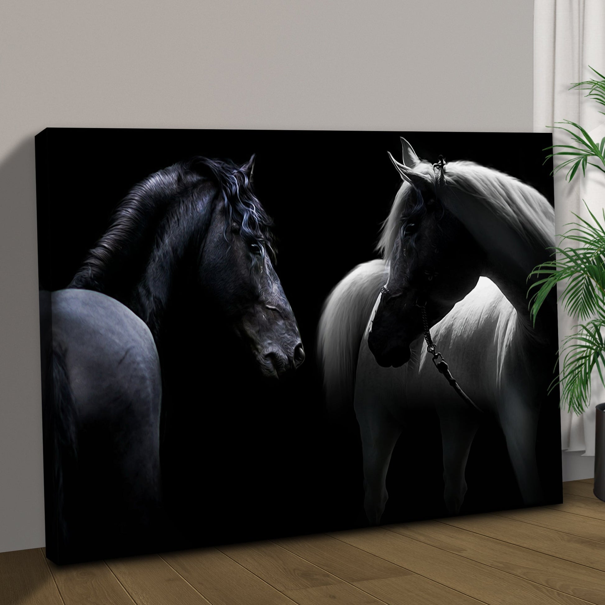 Monochromatic Horses Canvas Wall Art featuring two horses on black background on Tampa Home & Garden Store
