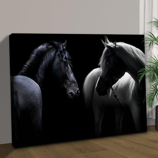 Monochromatic Horses Canvas Wall Art featuring two horses on black background on Tampa Home & Garden Store