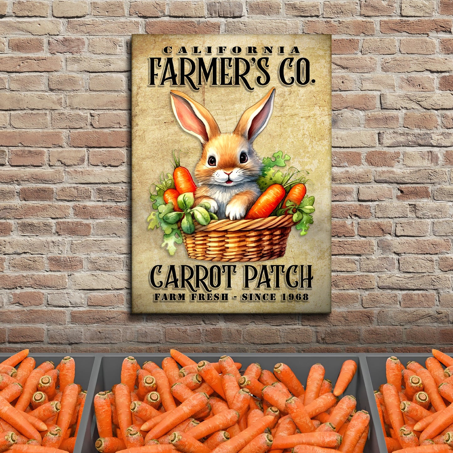 Farm Fresh Carrot Patch canvas sign by Tailored Canvases with bunny and carrots on Tampa Home & Garden Store