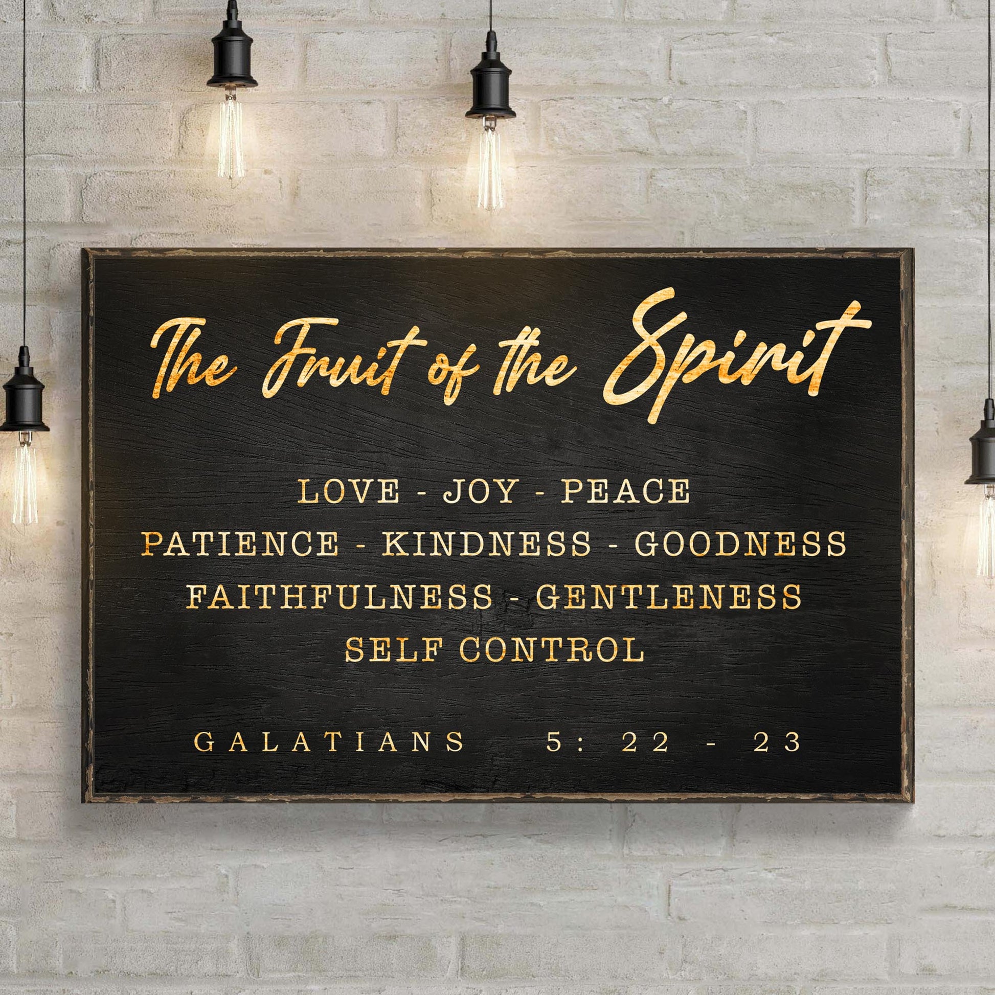 Canvas sign Galatians 5:22-23 The Fruit of the Spirit in gold script on black Tailored Canvases on Tampa Home & Garden Store