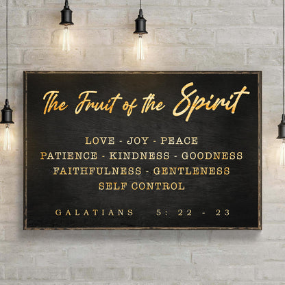 Canvas sign Galatians 5:22-23 The Fruit of the Spirit in gold script on black Tailored Canvases on Tampa Home & Garden Store