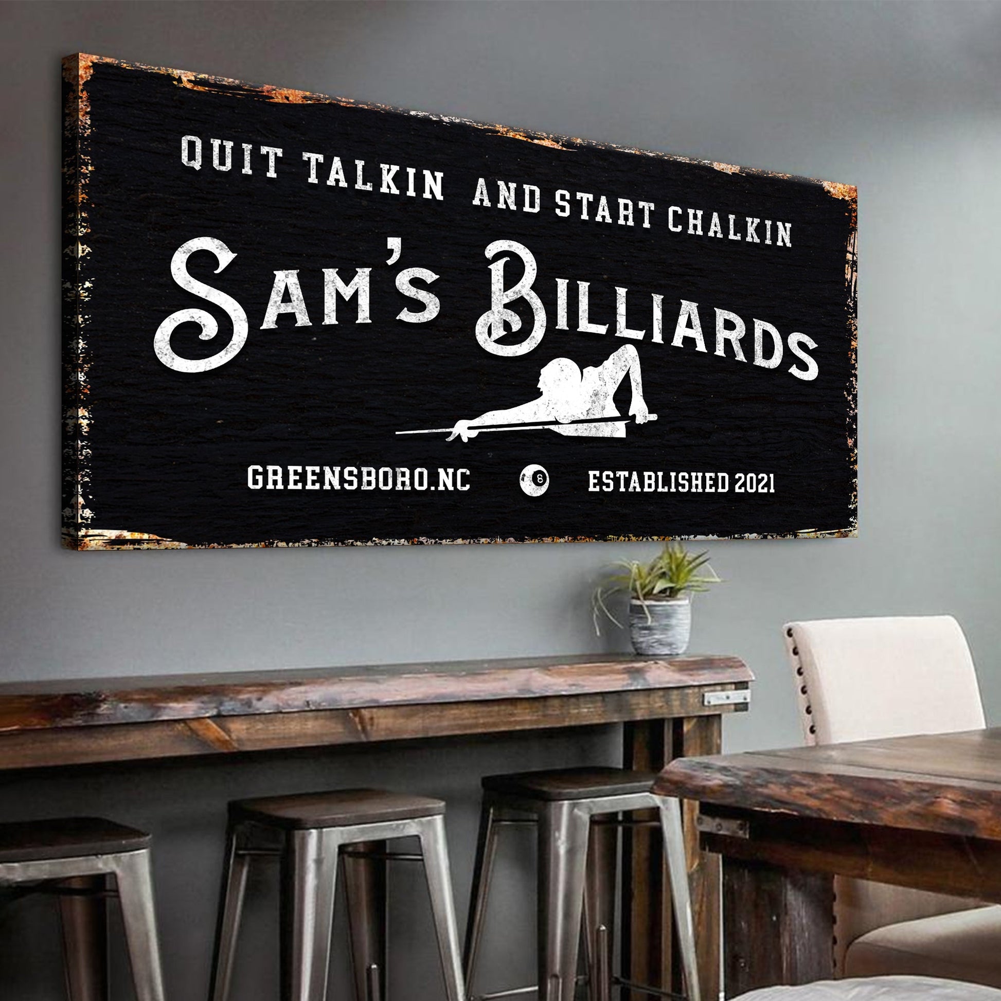 Canvas Billiards Sign by Tailored Canvases with chalkboard backdrop and Sam's lettering on Tampa Home & Garden Store