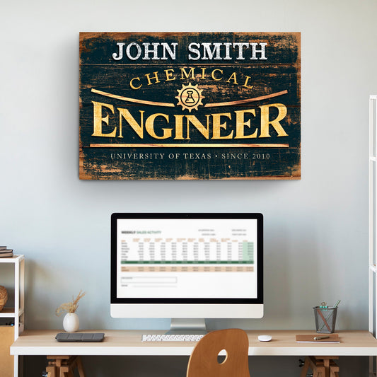 Canvas sign reading John Smith Chemical Engineer on distressed wood background on Tampa Home & Garden Store