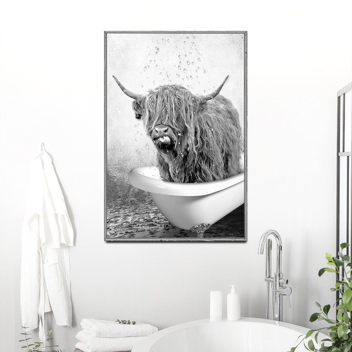 Highland Cattle Bath Canvas Wall Art by Tailored Canvases, grayscale cow in a white tub with water droplets on Tampa Home & Garden Store