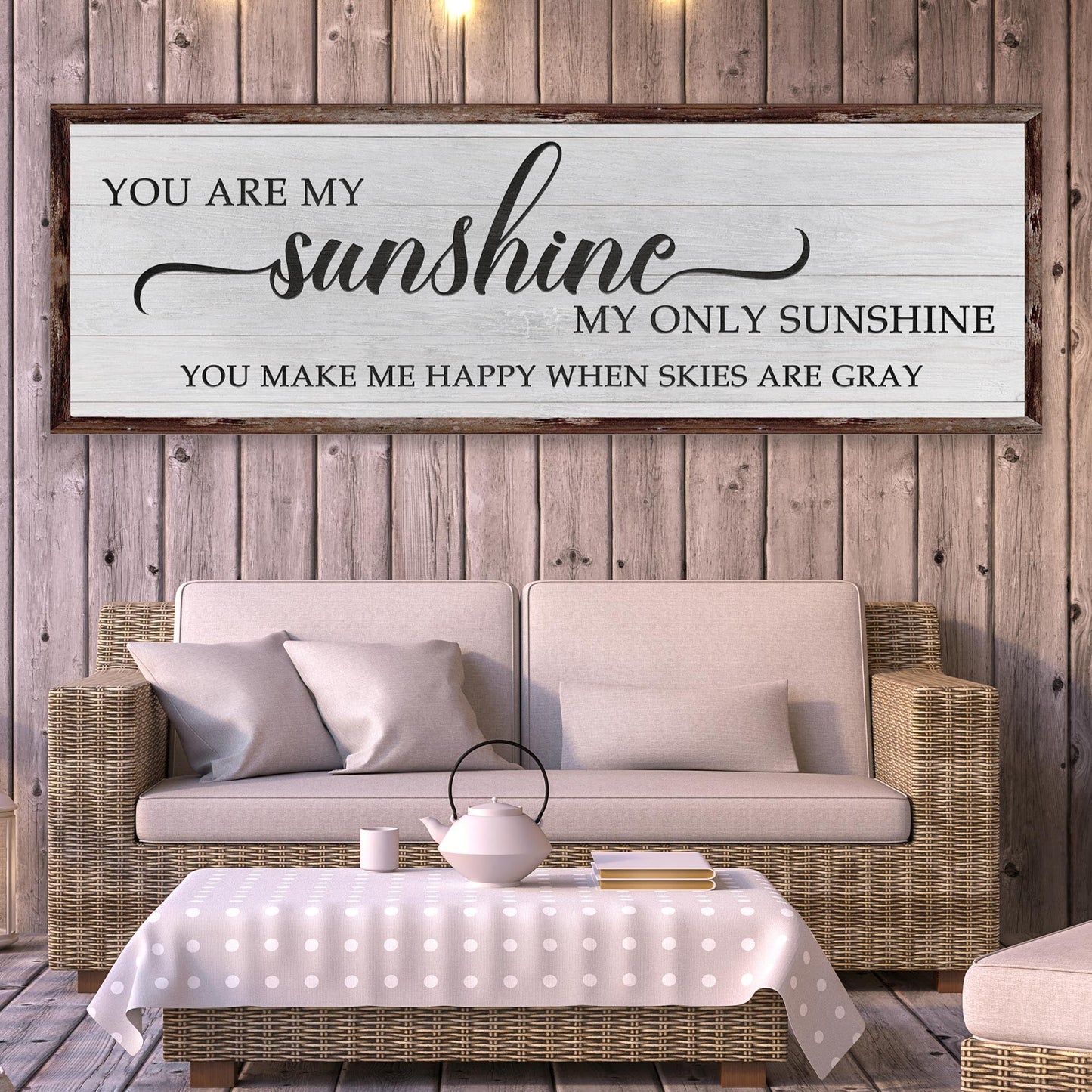 You Are My Sunshine Sign IV canvas on whitewashed planks with dark frame Tailored Canvases on Tampa Home & Garden Store