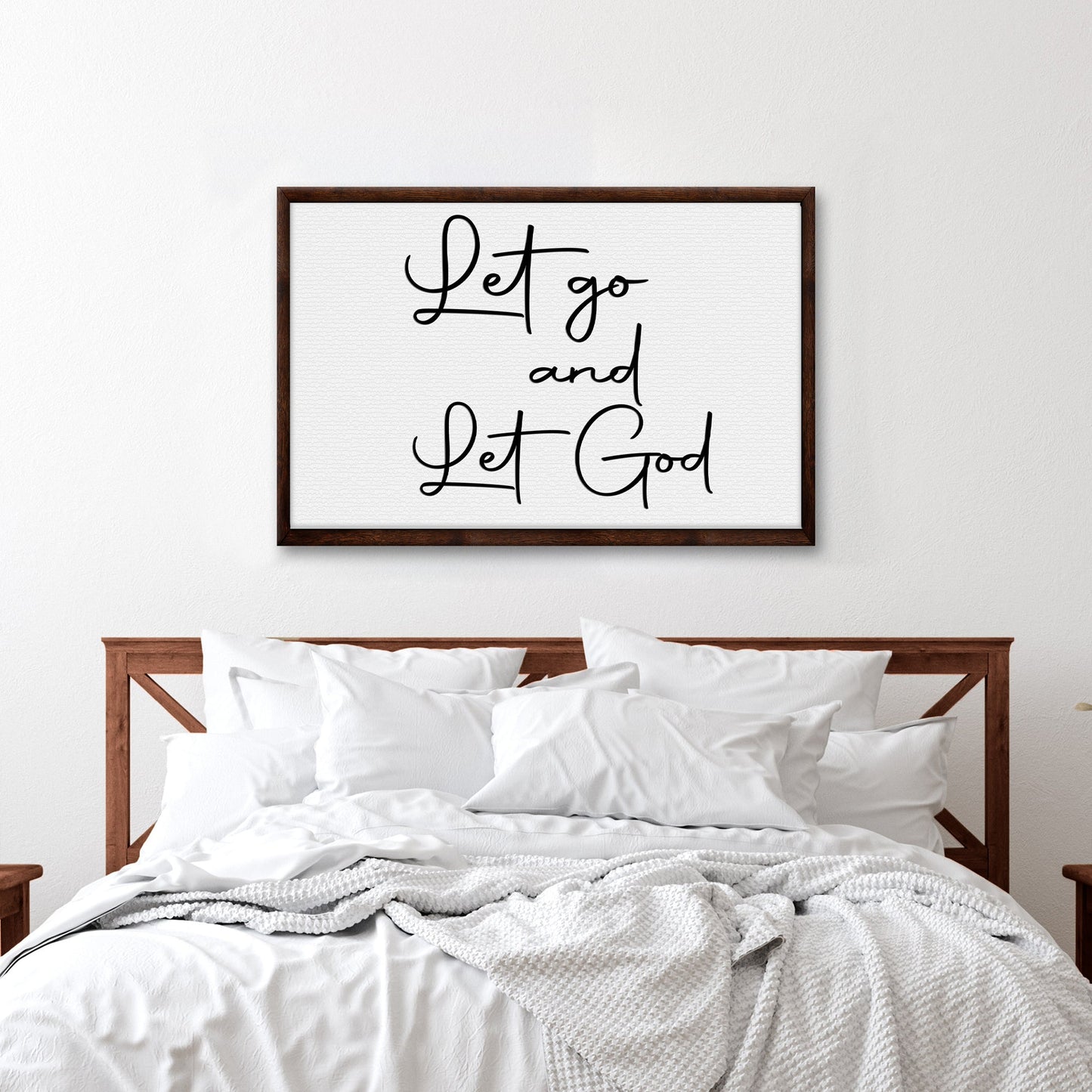 Let go and Let God sign canvas with black script on white canvas in dark wood frame on Tampa Home & Garden Store