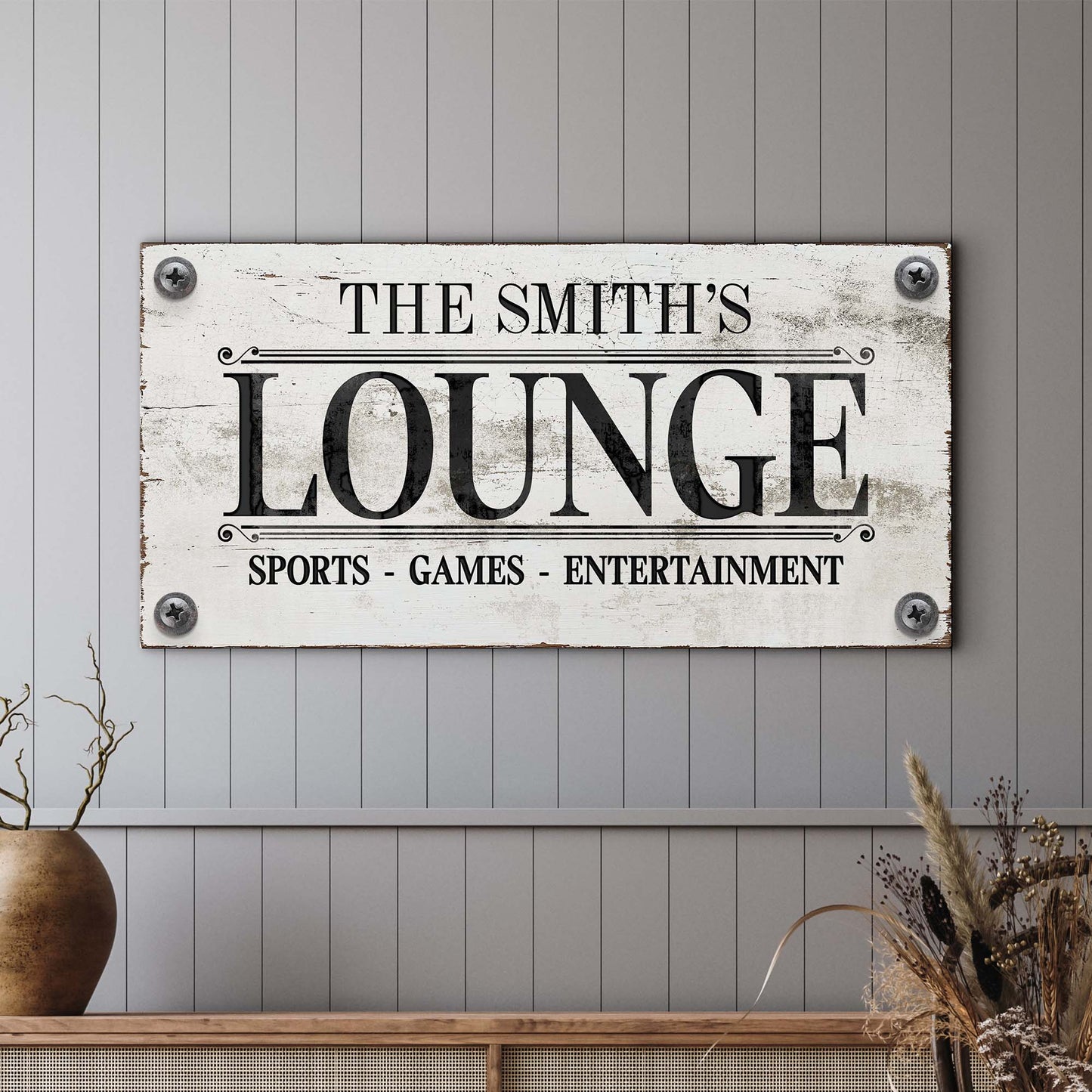 Canvas sign distressed white finish THE SMITH'S LOUNGE with SPORTS GAMES ENTERTAINMENT text on Tampa Home & Garden Store