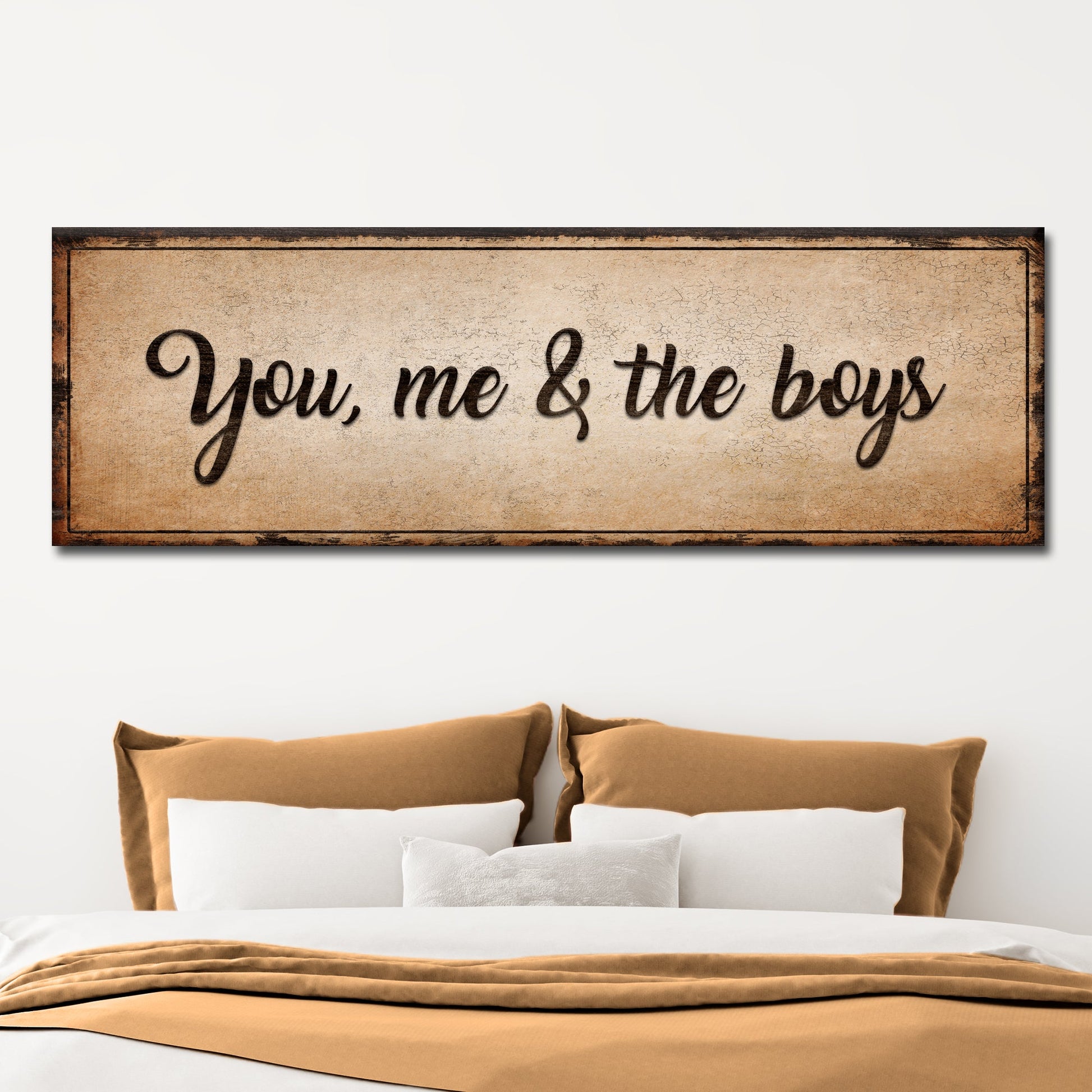 Canvas sign You, me & the boys Sign IV on parchment tan with a dark framed border on Tampa Home & Garden Store