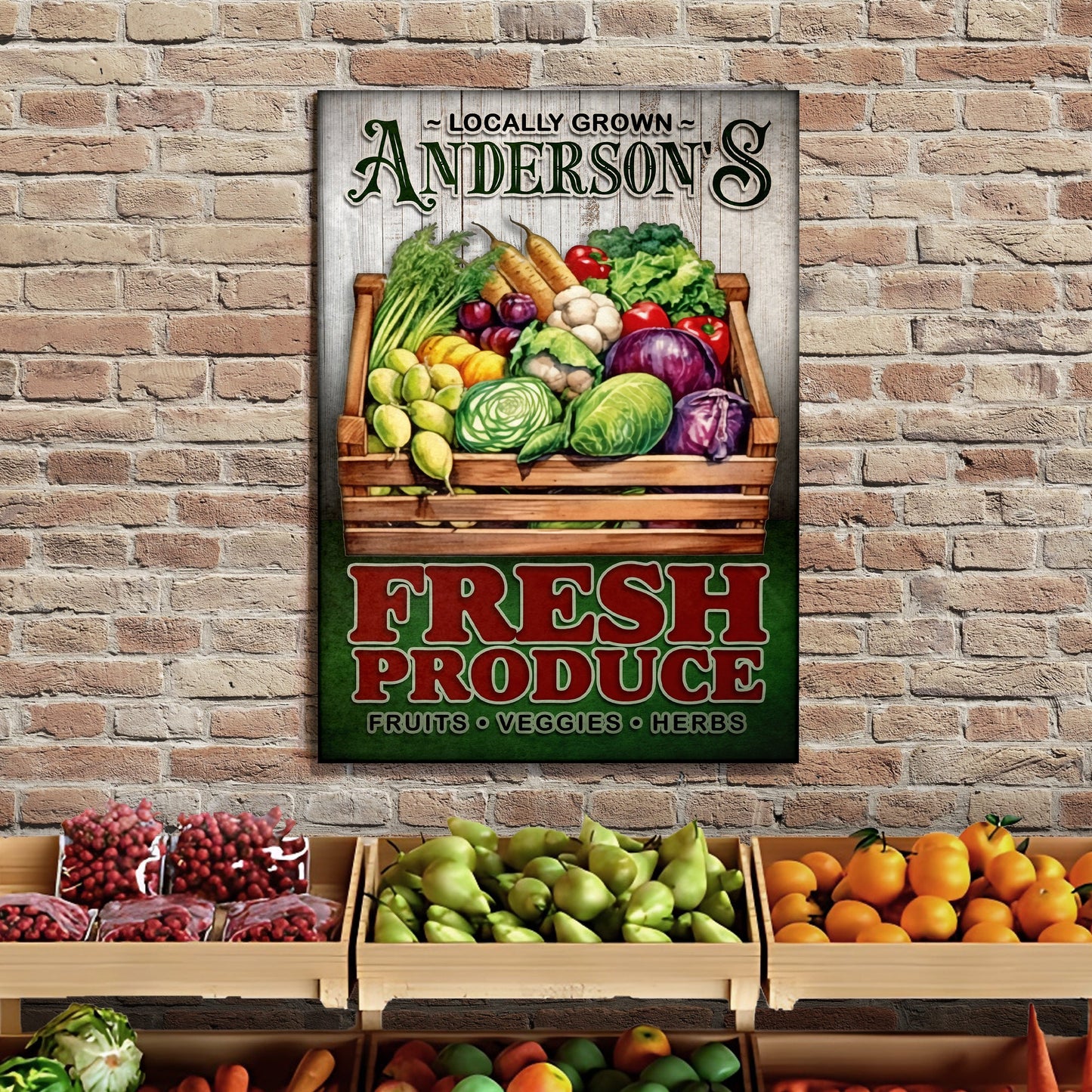 Canvas sign Locally Grown Fresh Produce by Tailored Canvases with a wooden crate of colorful fruits and vegetables on Tampa Home & Garden Store
