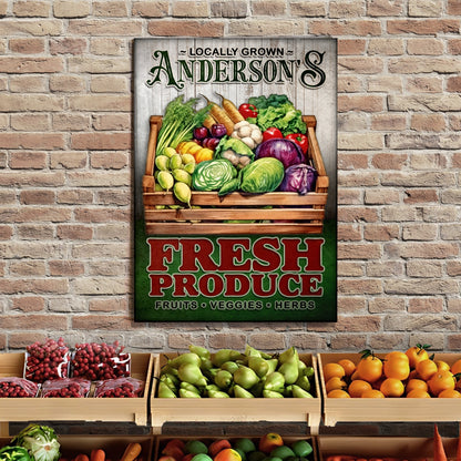 Canvas sign Locally Grown Fresh Produce by Tailored Canvases with a wooden crate of colorful fruits and vegetables on Tampa Home & Garden Store