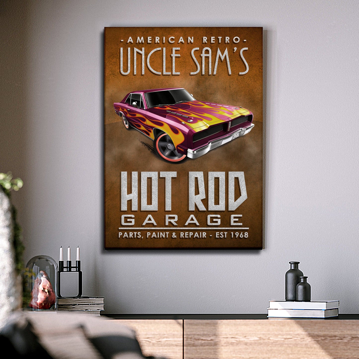 Canvas sign American Retro Garage Hot Rod with purple flames car on rust backdrop on Tampa Home & Garden Store