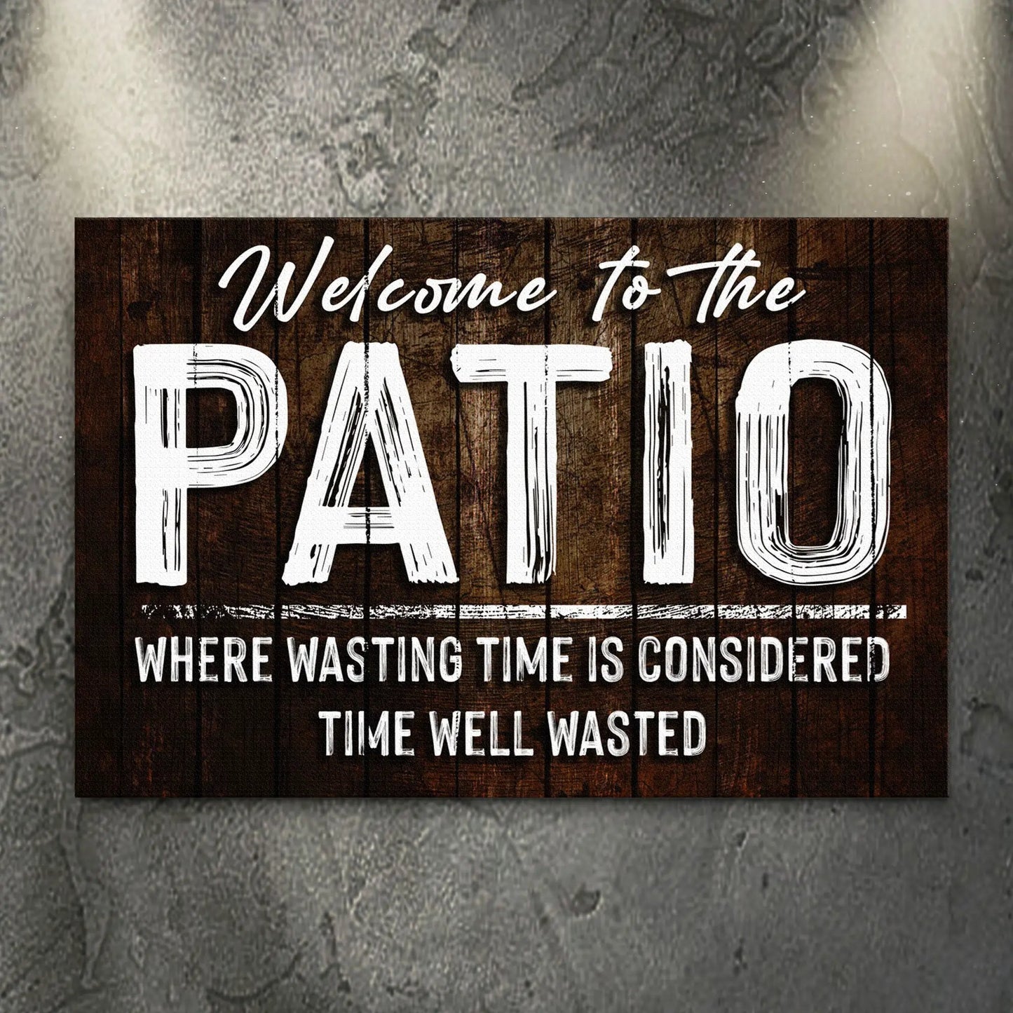 Welcome To The Patio canvas sign with wood backdrop and distressed lettering Tailored Canvases on Tampa Home & Garden Store
