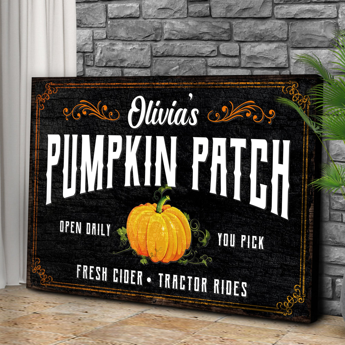 Pumpkin Patch Sign IV canvas by Tailored Canvases with black textured background, orange border and large white lettering pumpkin graphic on Tampa Home & Garden Store