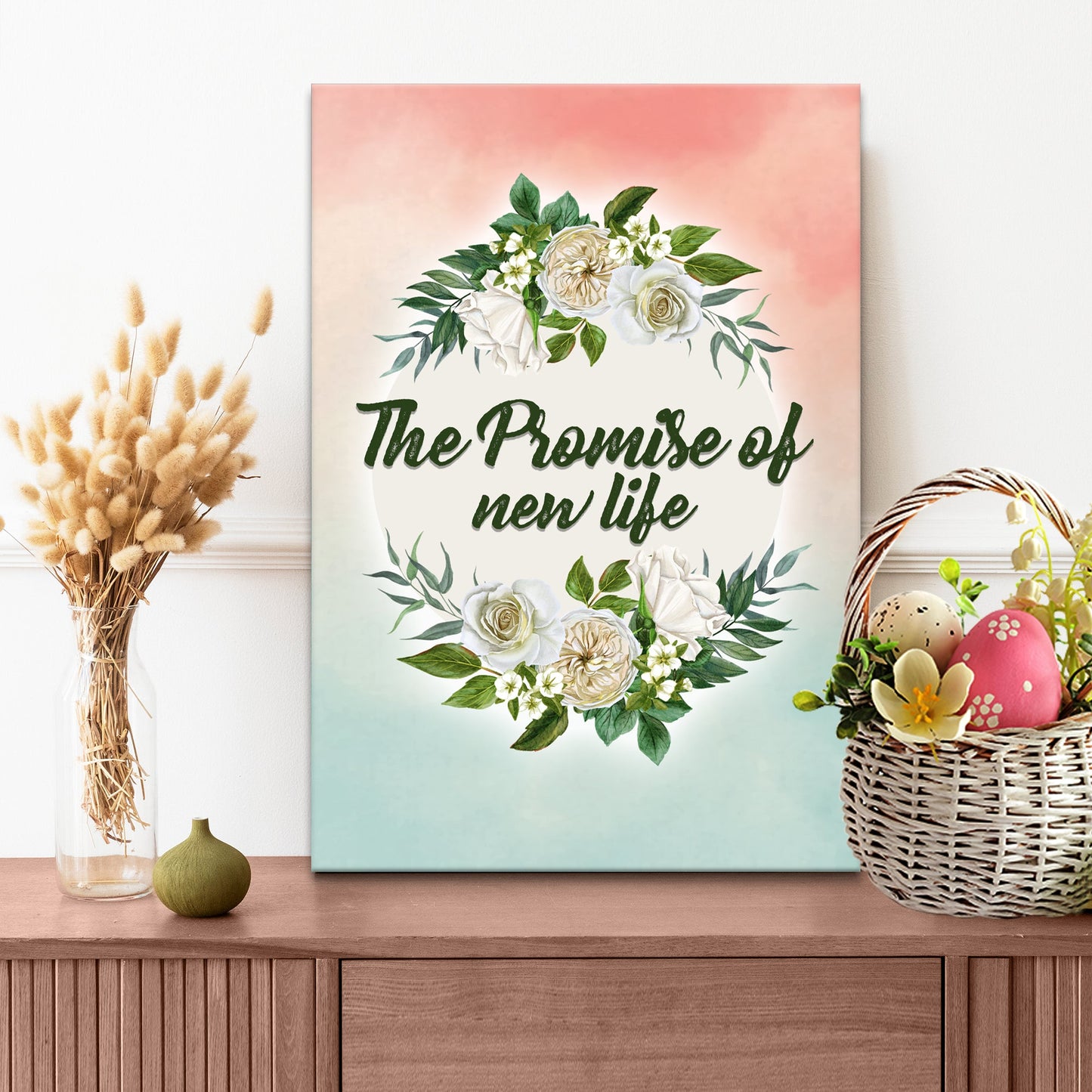 The Promise of New Life Sign canvas with floral bouquet Tailored Canvases pink gradient backdrop on Tampa Home & Garden Store