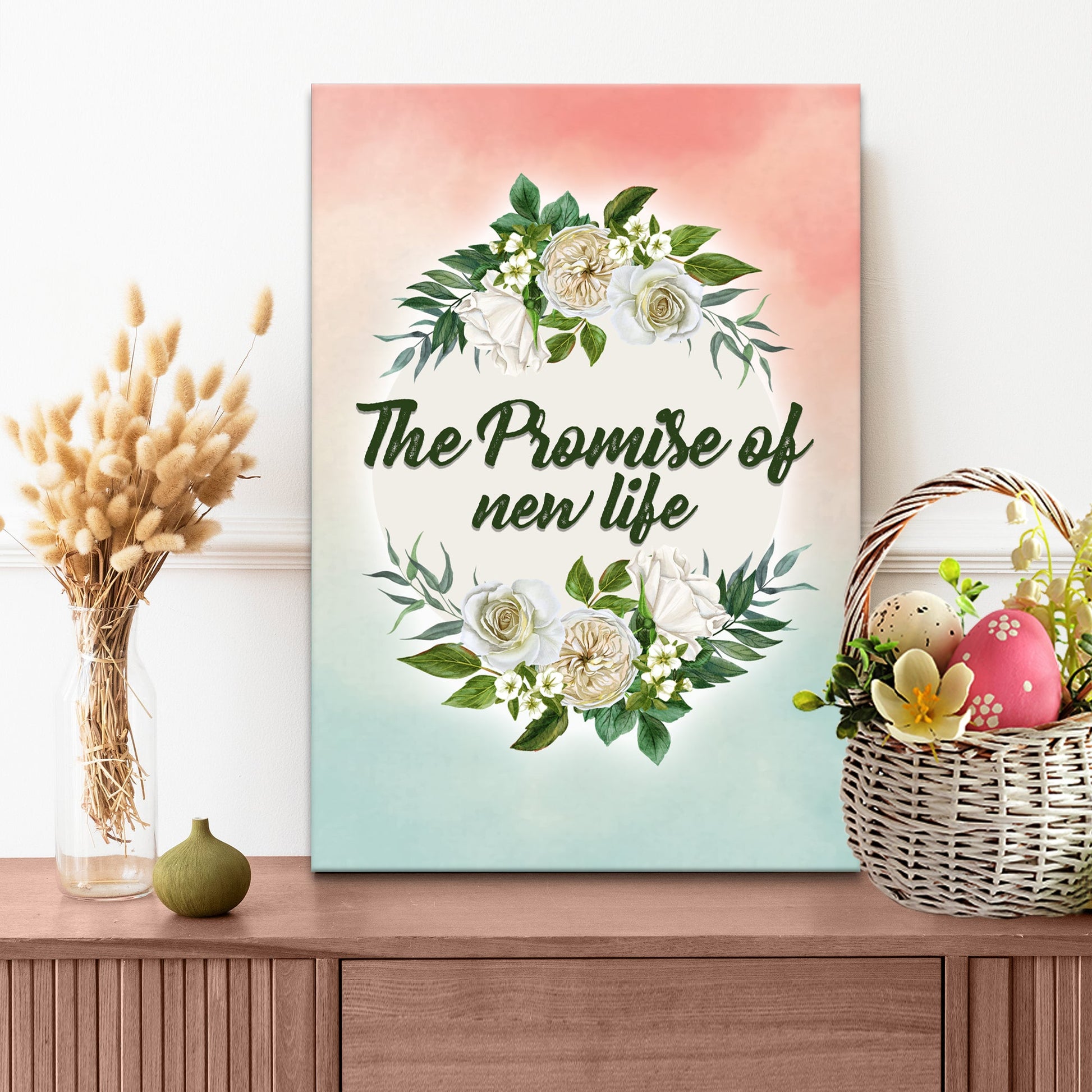 The Promise of New Life Sign canvas with floral bouquet Tailored Canvases pink gradient backdrop on Tampa Home & Garden Store