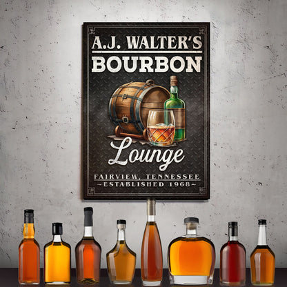 Bourbon Lounge canvas by Tailored Canvases with A.J. Walter's on textured metal backdrop and whiskey bottle on Tampa Home & Garden Store