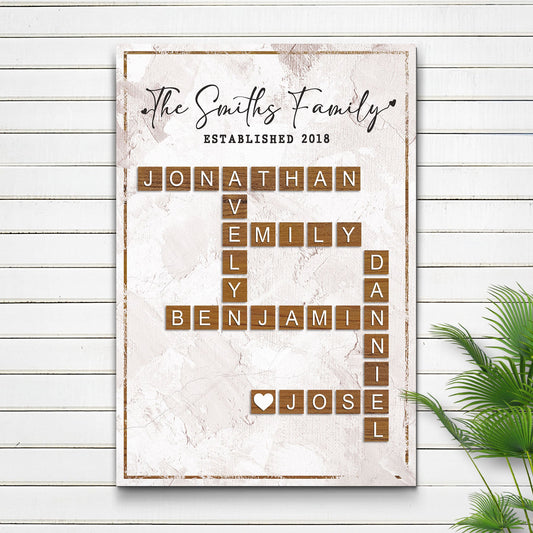 Scrabble Family Names Sign canvas with beige textured background and wooden letter tiles on Tampa Home & Garden Store