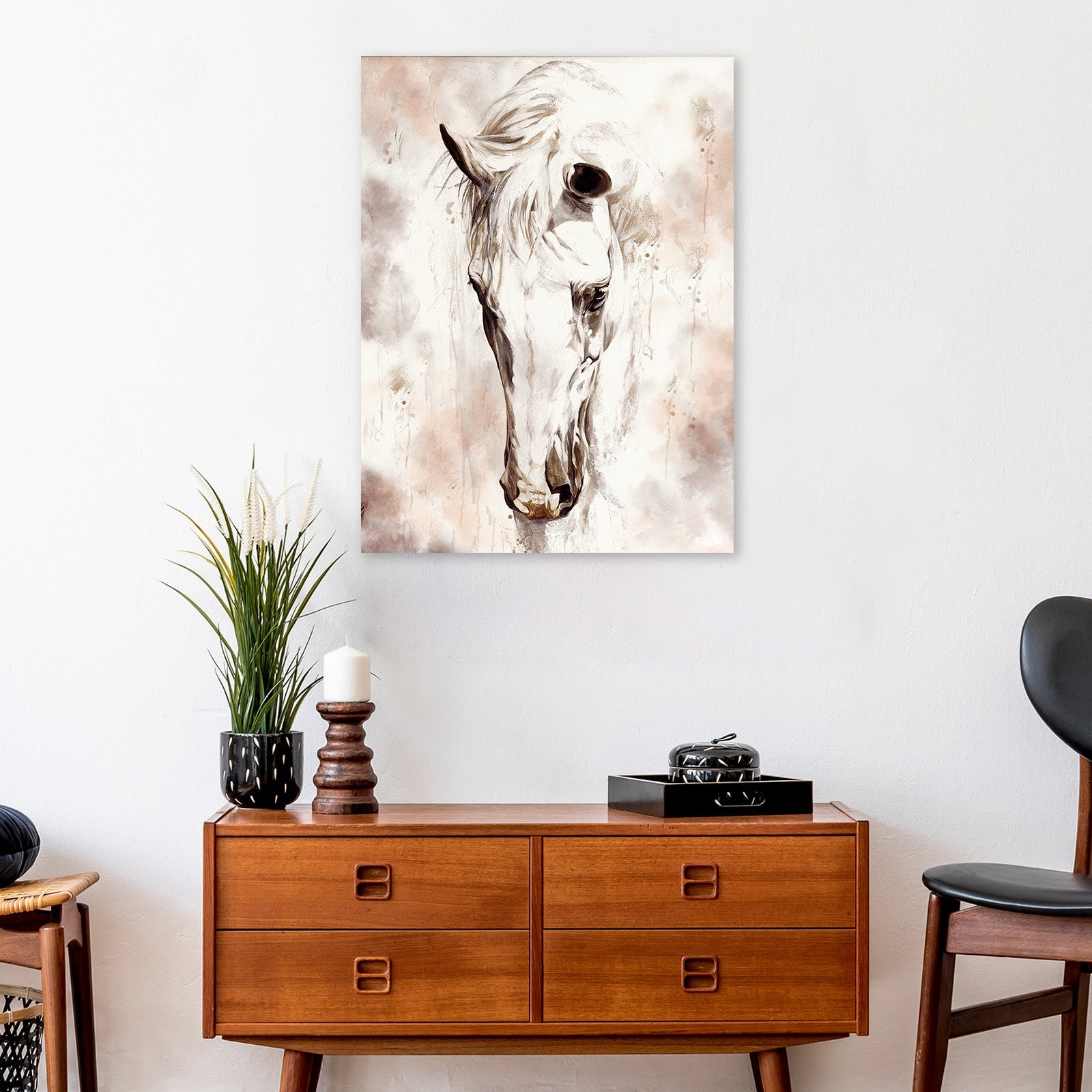 Sorrowful Horse Canvas Wall Art by Tailored Canvases, beige sepia watercolor on canvas on Tampa Home & Garden Store