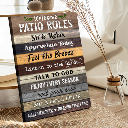 Patio Rules Sign III canvas with rustic wood planks and green accents, white and black text reading Welcome Patio Rules, Sit & Relax, Appreciate Today on Tampa Home & Garden Store