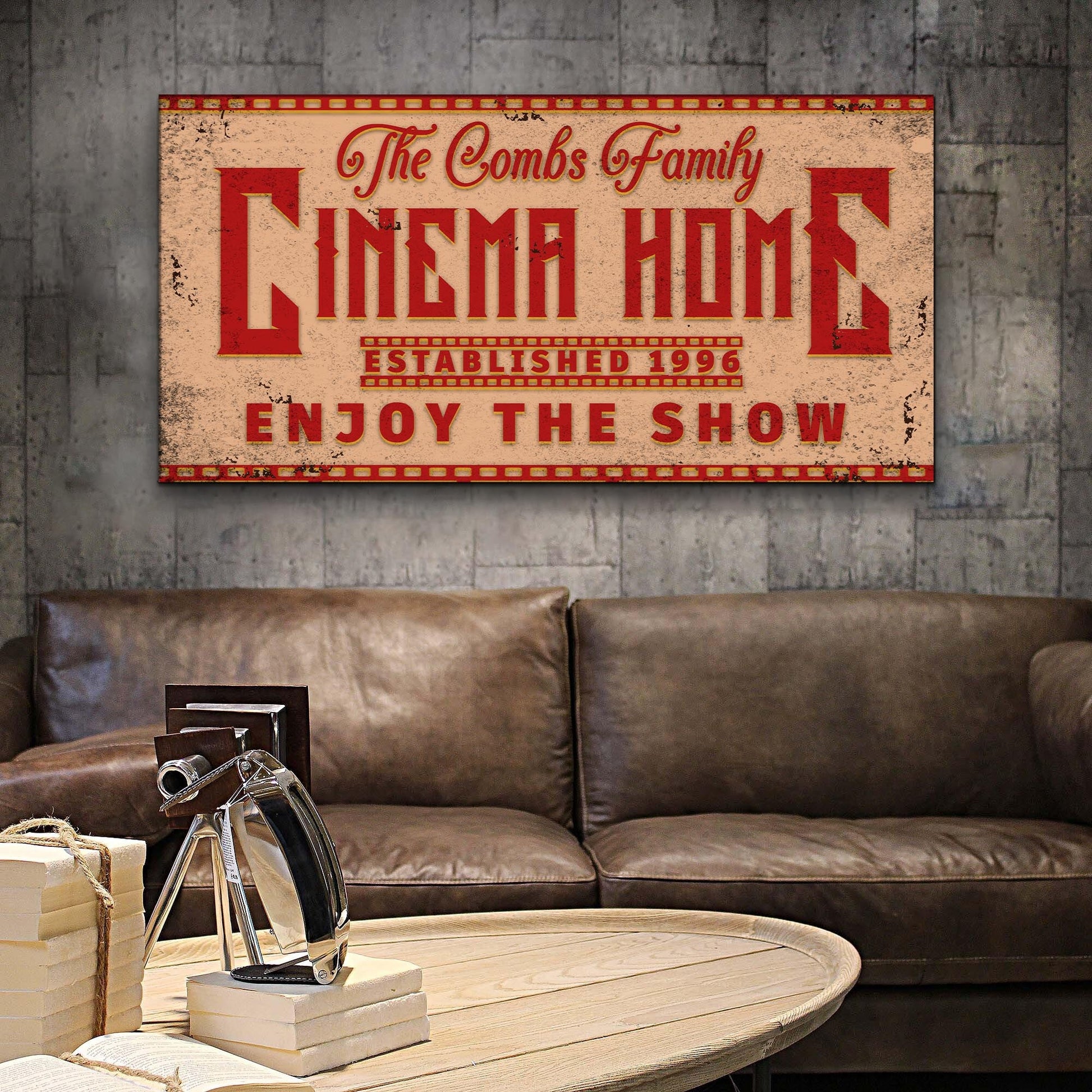 Enjoy The Show Family Cinema Home Sign canvas by Tailored Canvases with red typography on Tampa Home & Garden Store