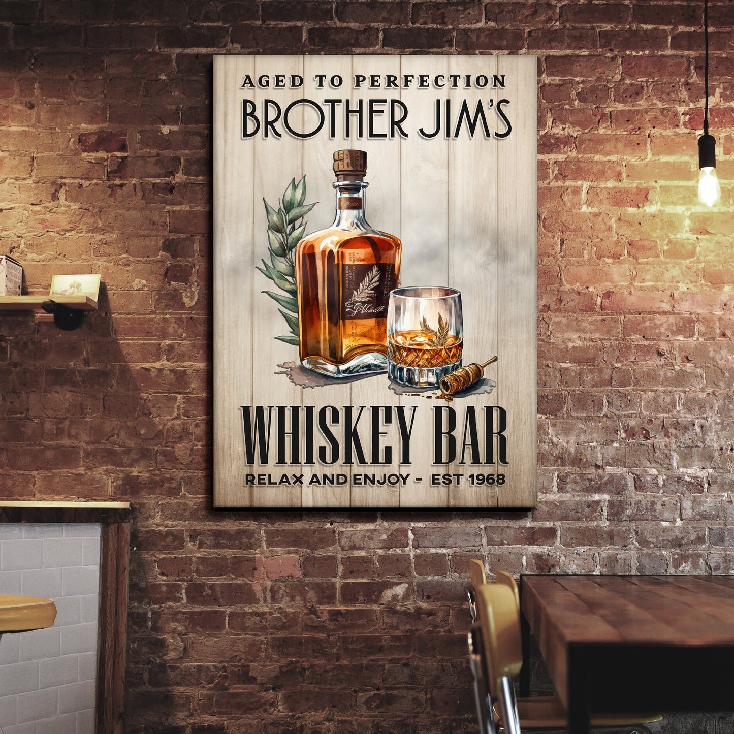 Aged To Perfection Whiskey Bar Sign canvas Tailored Canvases with bottle and glass on wood panel on Tampa Home & Garden Store