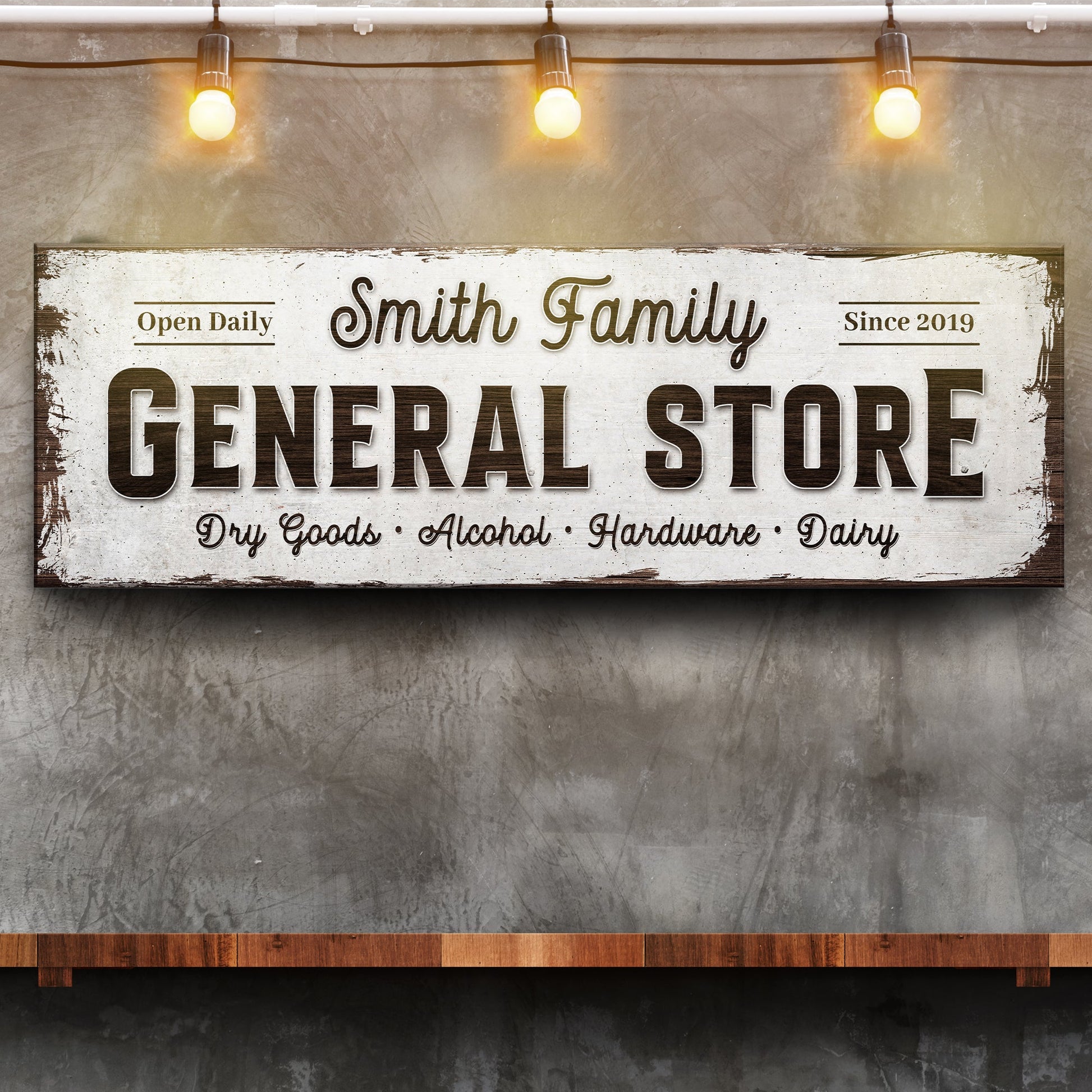 Family General Store sign canvas by Tailored Canvases with distressed panel and brown lettering on Tampa Home & Garden Store
