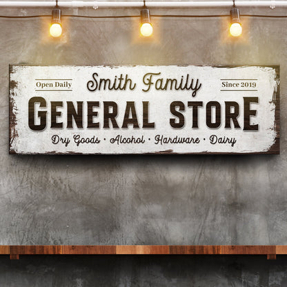Family General Store sign canvas by Tailored Canvases with distressed panel and brown lettering on Tampa Home & Garden Store