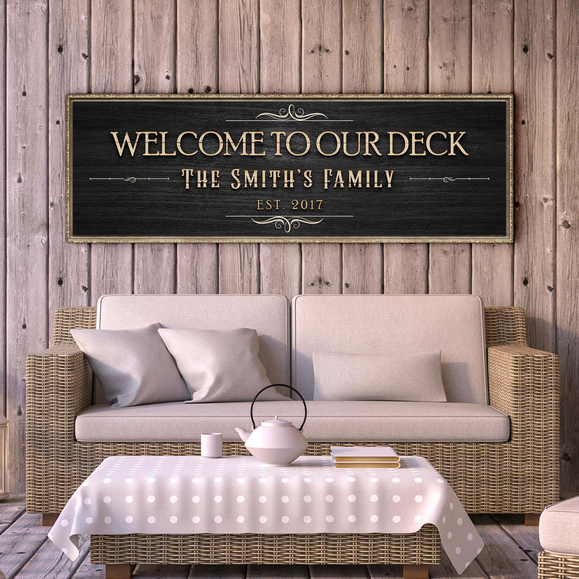 Welcome To Our Deck Sign II canvas crafting sign in black with gold lettering Tailored Canvases on Tampa Home & Garden Store