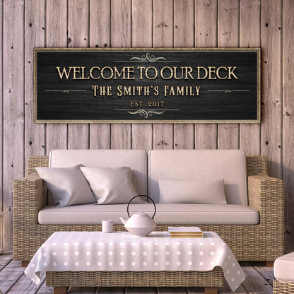 Welcome To Our Deck Sign II canvas crafting sign in black with gold lettering Tailored Canvases on Tampa Home & Garden Store