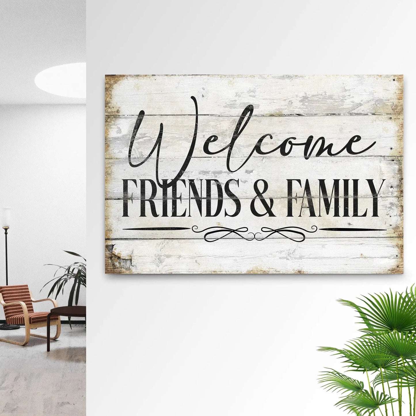 Welcome Friends & Family sign canvas with distressed white wood background and bold script on Tampa Home & Garden Store