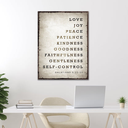 Canvas sign by Tailored Canvases on wood frame with parchment panel listing Fruit of Spirit on Tampa Home & Garden Store
